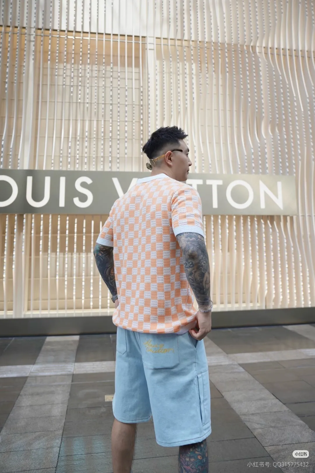Louis Vuitton/Louis Vuitton 26ss leather label checkerboard jacquard knitted short-sleeved shirt